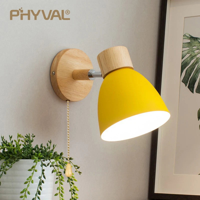 Make It Pop - Wooden Nordic Wall Lamp With Switch Modern Wall Sconce For Bedroom Living Room Home Lighting Macaroon 6 Color Steering Head E27