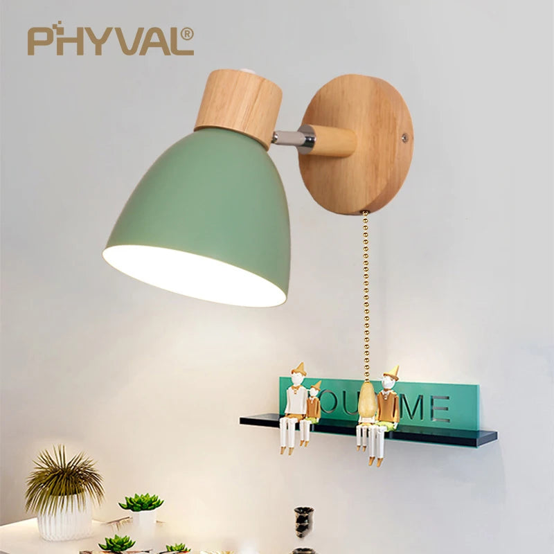 Make It Pop - Wooden Nordic Wall Lamp With Switch Modern Wall Sconce For Bedroom Living Room Home Lighting Macaroon 6 Color Steering Head E27