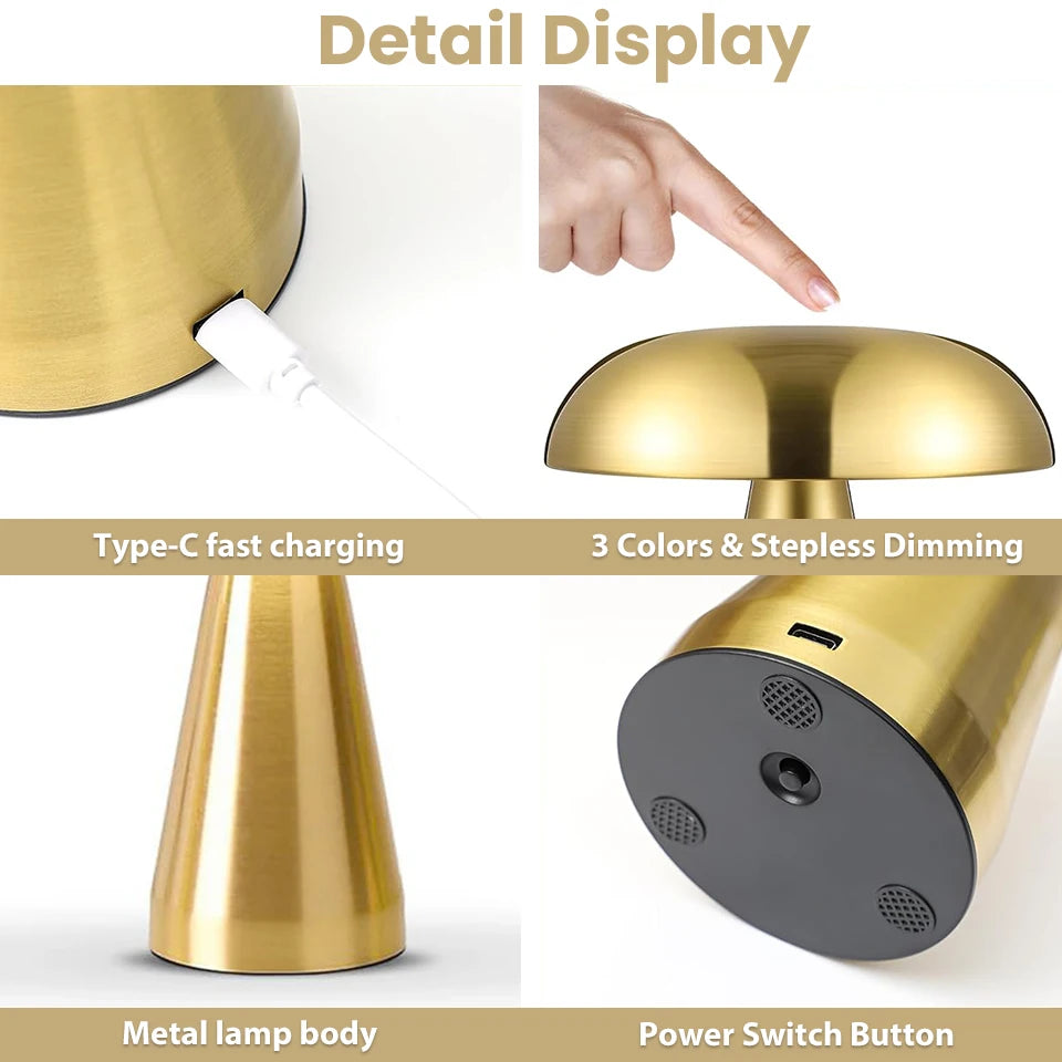 Make It Pop - Retro Table Lamp Mushroom LED Night Light Rechargeable desk lamp Touch Sensor Reading Lights for bedroom Restaurant Bar Decor