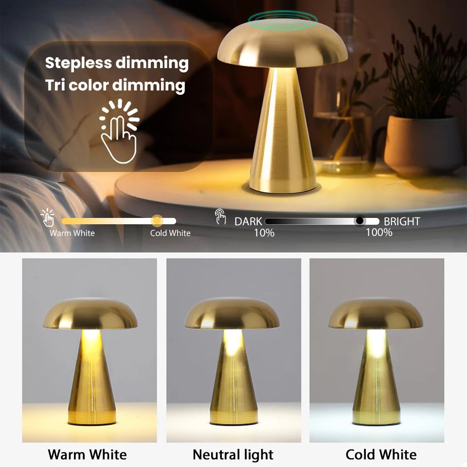 Make It Pop - Retro Table Lamp Mushroom LED Night Light Rechargeable desk lamp Touch Sensor Reading Lights for bedroom Restaurant Bar Decor